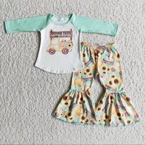Girls Pumpkin Truck and Sunflower Bell Bottoms and Top